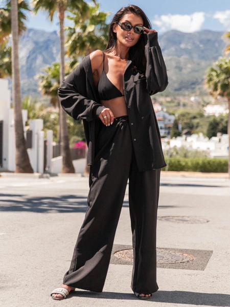 Komfortowy KOMPLET oversizowa koszula z długim rękawem i długie luźne spodnie z tkaniny ala len czarny X174 k01