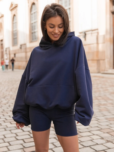 Luźna BLUZA z kapturem oversize szeroka z bawełnianej dresówki niedrapanej od wewnątrz navy blue X150