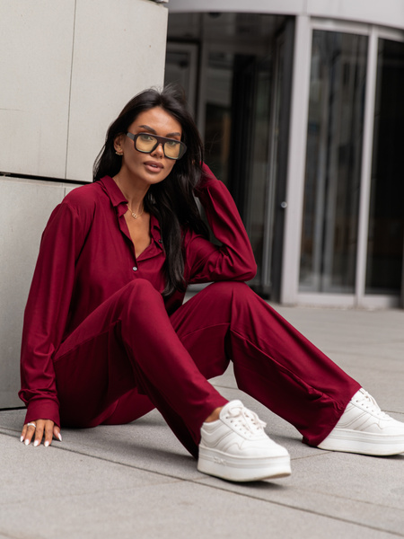 Wiskozowy codzienny KOMPLET lużna bluzka o kroju koszuli i luźne spodnie bordowy X357