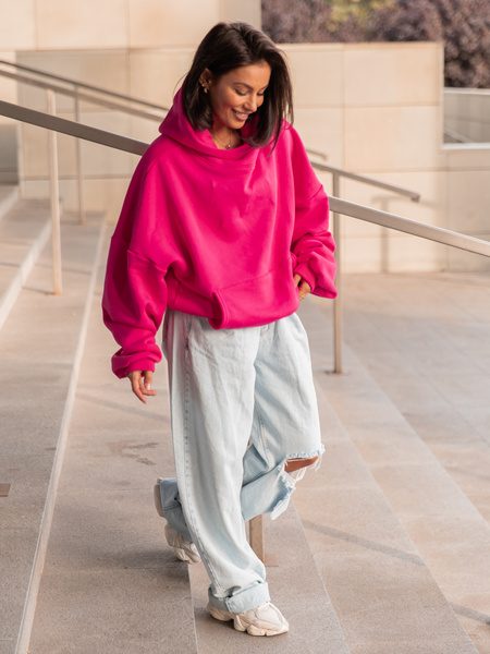 Viralowa Bawełniana BLUZA z drapanego dresu z kapturem na stójce z kieszeniami kangurka różowa E1