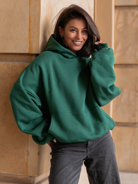 Viralowa Dresowa bawełniana BLUZA z kapturem oversize szeroka butelkowa zieleń E644