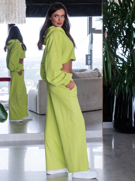 Oversizowa krótka BLUZA dresowa bawełniana zapinana na zamek z kapturem limonkowa E266 k01