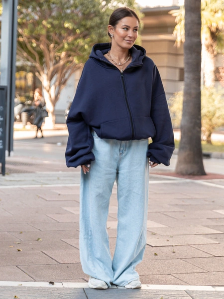 Bawełniana oversizowa BLUZA z kapturem zapinana na zamek z dresu drapanego navy blue X508