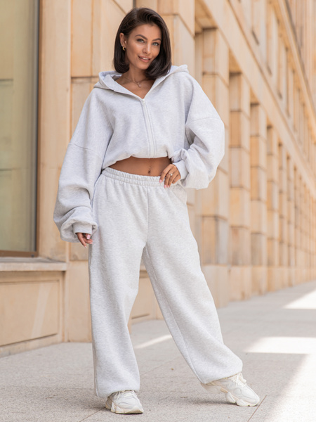 Dresowa bawełniana BLUZA kangurka z kapturem o krótszym kroju zapinana na zamek szary melanż X315