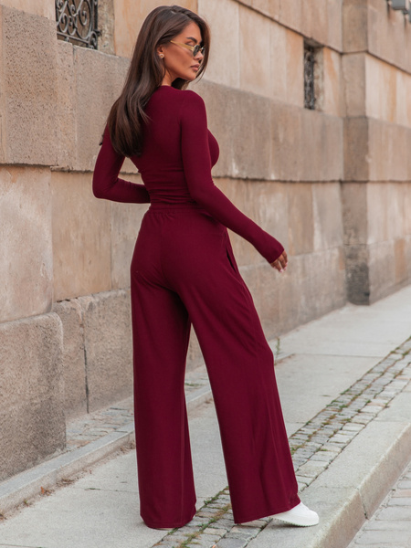 Wiskozowy KOMPLET dopasowana bluzka z długim rękawem i luźne spodnie bordowy E351
