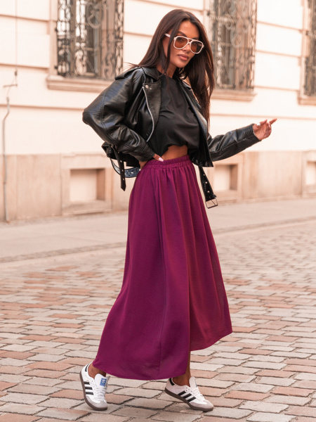 Zwiewna długa SPÓDNICA maxi z rozporkami bordowa E414