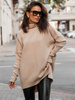 Asymetryczny dłuższy SWETER TUNIKA oversizowy luźny krój z golfem beżowy S161 k01