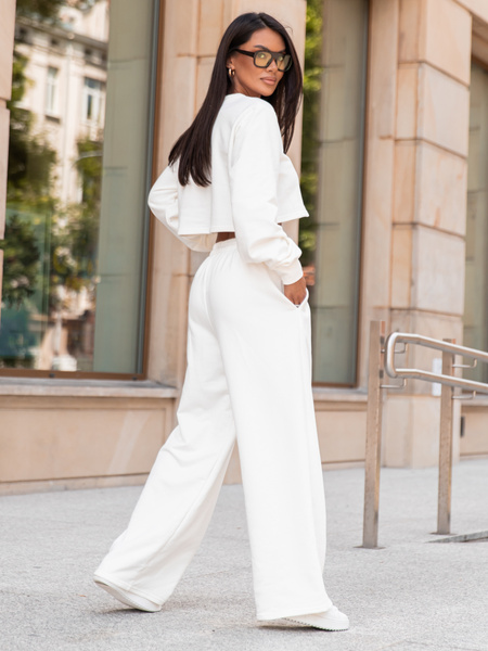 Dresowy bawełniany KOMPLET oversizowa bluzka z długim rękawem i luźne spodnie z szerokimi nagawkami ecru X303