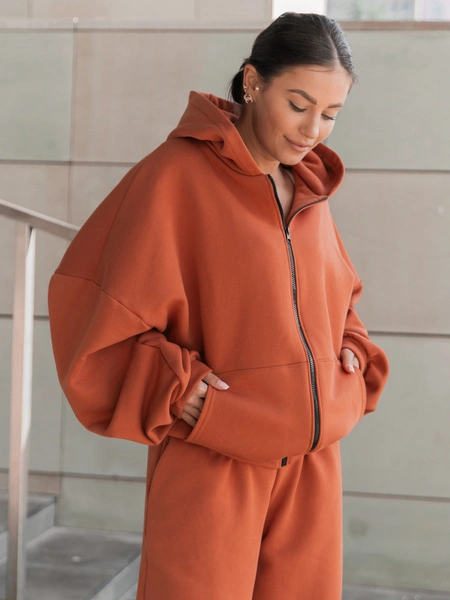 Oversizowa BLUZA z kapturem zapinana na zamek bluzowana kangurka z bawełnianej dresówki pumpkin orange X1 k01