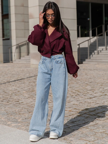 Oversizowa zamszowa krótka KURTKA o szerokim kroju ze ściągaczem bordowa X407