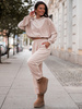 Welurowy KOMPLET dres bluza z kapturem i spodnie beżowy D580 k01