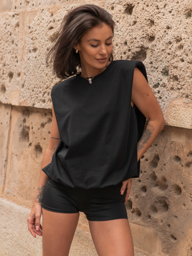 Oversizowy T-SHIRT z poduszkami na ramionach z bawełnianej dzianiny czarna X154 k01