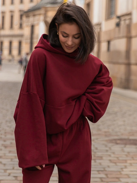 Luźna BLUZA z kapturem oversize szeroka z bawełnianej dresówki niedrapanej od wewnątrz bordowa X150