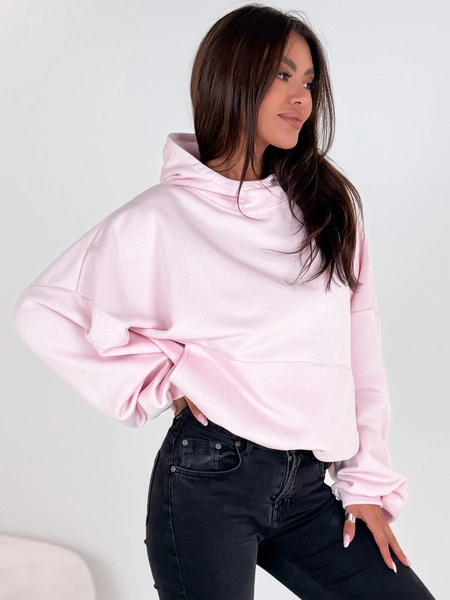 Bawełniana BLUZA z drapanego dresu z kapturem na stójce z kieszeniami kangurka baby pink E1