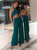 Elegancki brokatowy KOMPLET top halter i szerokie spodnie zielony E653 k01