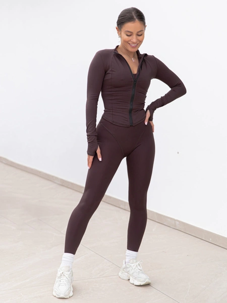 FITNESS / SIŁOWNIA / JOGA dopasowana BLUZA zapinana na zamek z długim rękawem czekoladowa F104