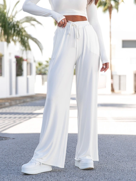 Szerokie SPODNIE z wiskozy z wysokim stanem z gumką w pasie ecru X20 k01