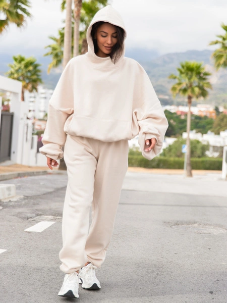 Viralowa Oversizowa bawełniana BLUZA dresowa z kapturem bluzowana kangurka waniliowa X2 k01