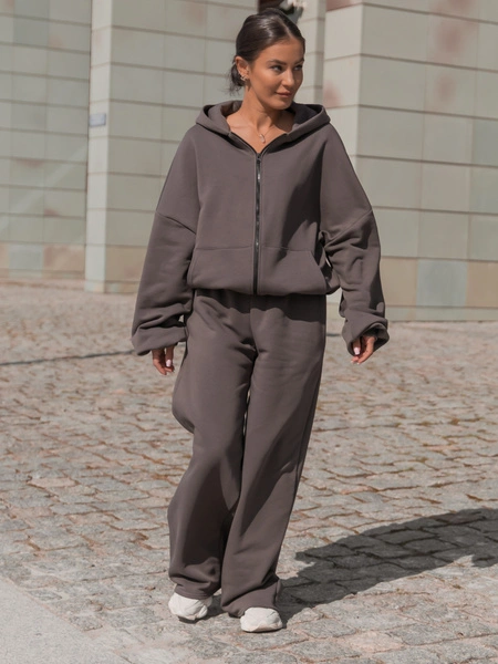 Oversizowa BLUZA z kapturem zapinana na zamek bluzowana kangurka z bawełnianej dresówki dark mokka X1