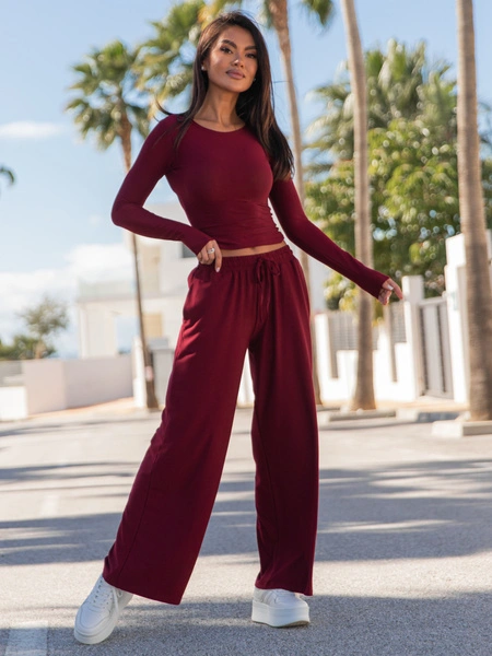 Szerokie SPODNIE z wiskozy z niskim stanem z gumką w pasie bordowe X24 k01