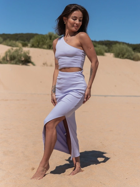 Bawełniany KOMPLET asymetryczny top i maxi spódnica z prążka liliowy X109 k01