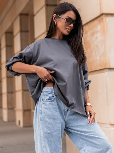 Oversizowy T-SHIRT bluzka z długim rękawem z bawełny grafitowy X313