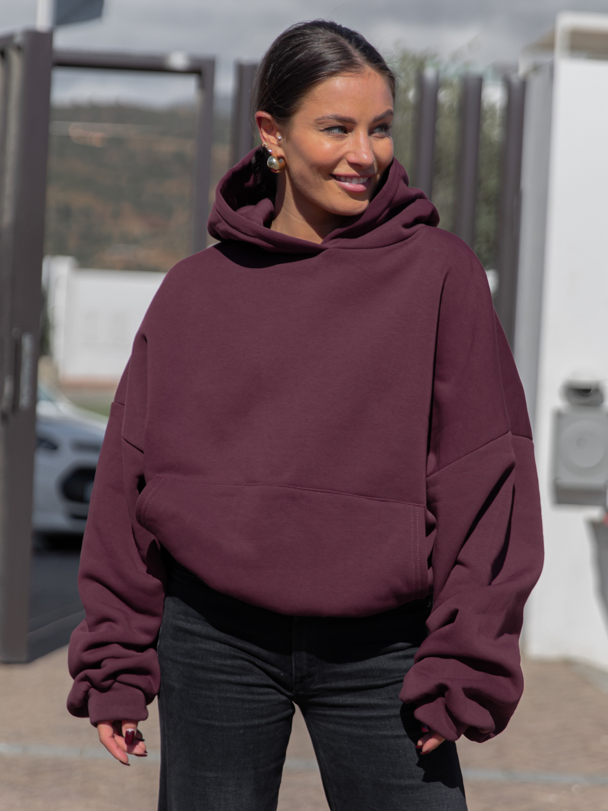 Viralowa Dresowa bawełniana BLUZA z kapturem oversize szeroka śliwkowy E644