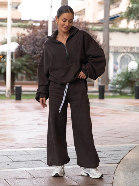 Oversizowa bawełniana BLUZA z dresu drapanego na stójce z zamkiem dark chocolate X477