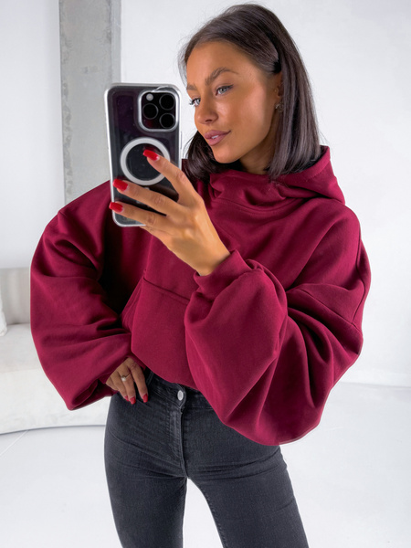 Bawełniana dresowa BLUZA z kapturem kangurka oversize bordowa E360 k01