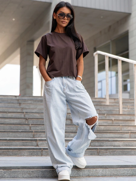 Bawełniany T-SHIRT bluzka z krótkim reglanowym rękawem czekoladowy X354