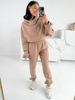 Dresowe bawełniane SPODNIE z wysokim stanem luźny krój ze ściągaczami beżowe E341 k01