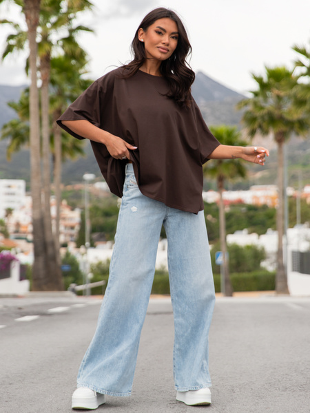 Bawełniany luźny szeroki T-SHIRT z krótkim rękawem czekoladowa X30
