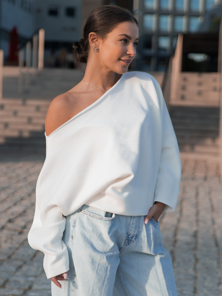 Dresowa bawełniana BLUZA opuszczana na ramiona oversize szeroka ecru X413