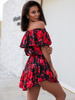 Zwiewny kombinezon hiszpanka z asymetrycznym dołem czerwone kwiaty D287 k01