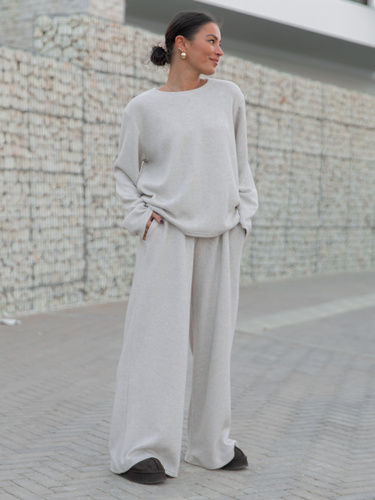 KOMPLET z dzianiny swetrowej oversizowa bluzka i szerokie spodnie beżowy X453