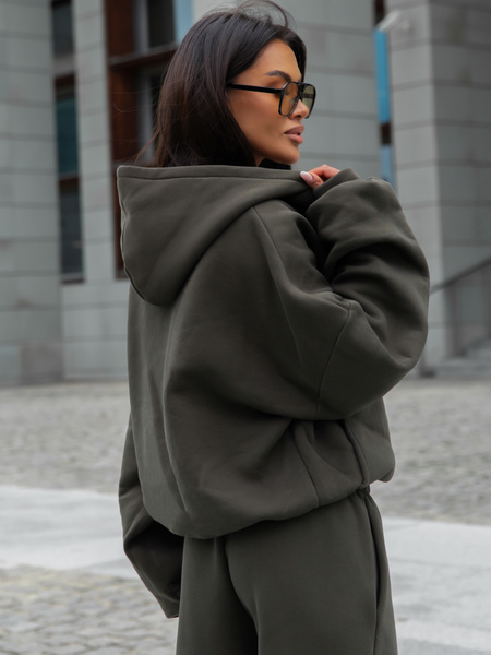 Oversizowa BLUZA z kapturem zapinana na zamek bluzowana kangurka z bawełnianej dresówki dark khaki X1