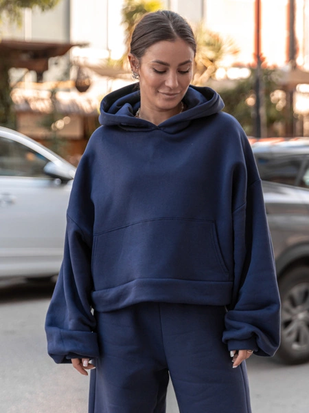 Oversizowa bawełniana BLUZA kangurka z kapturem z prostym ściągaczem z dresu drapanego navy blue X511