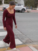 Codzienny KOMPLET bluzka z kwadratowym dekoltem i dopasowane spodnie z szerokimi nogawkami z prążkowanej dzianiny wiscoza i bawełna bordowy X551