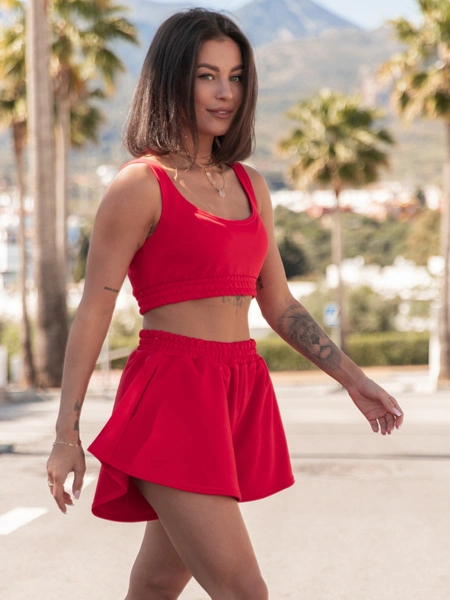 Dresowy bawełniany KOMPLET krótki top na ramkach i krótkie spodenki koralowy X120 k01