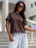 Bawełniany T-SHIRT bluzka z krótkim reglanowym rękawem czekoladowy X354
