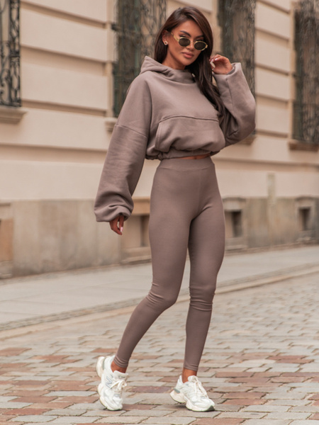 Obcisłe LEGGINSY z prążkowanej bawełnianej dzianiny coffee E339 k01