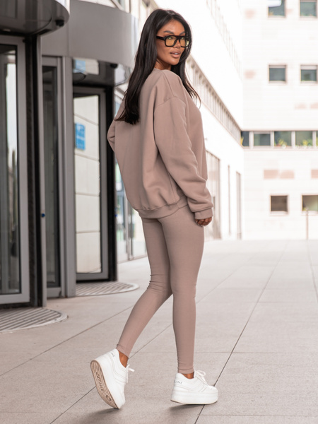 Bawełniany KOMPLET asymetryczna dresowa oversizowa bluza bez kaptura i spodnie legginsy z prążkowanej dzianiny mokka X351 k01