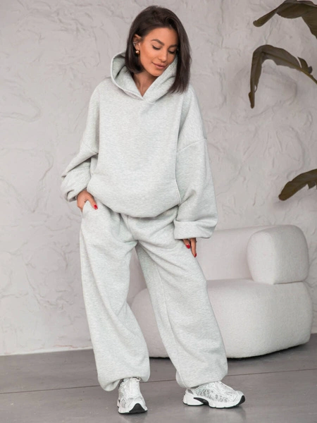 Dresowa bawełniana BLUZA z kapturem oversize szeroka szary melanż E644