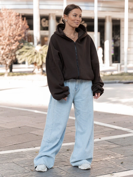 Bawełniana oversizowa BLUZA z kapturem zapinana na zamek z dresu drapanego dark chocolate X508