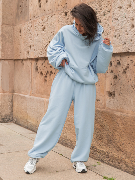 Luźne SPODNIE baggy z bawełnianej dresówki niedrapanej od wewnątrz baby blue X151 k01