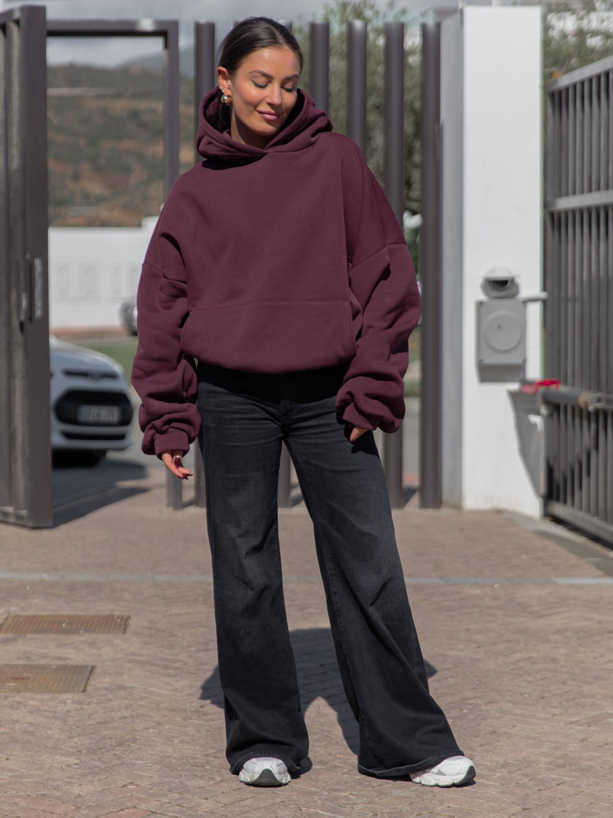 Viralowa Dresowa bawełniana BLUZA z kapturem oversize szeroka dark chocolate E644