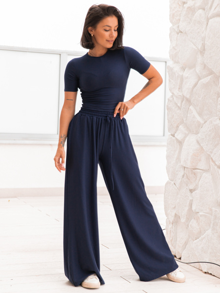 Wiscozowa dopasowana BLUZKA basic z krótkim rękawem navy blue X203 k01