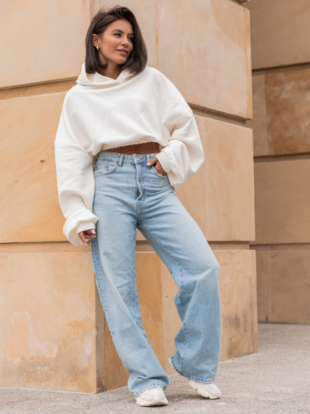 Dresowa bawełniana BLUZA kangurka z kapturem o krótszym kroju bluzowana ecru X304