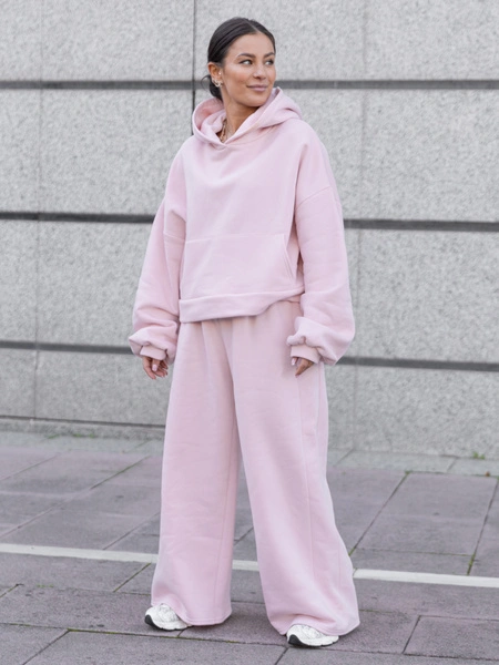 Bawełniane dresowe SPODNIE szeroki krój bez ściągaczy z dresu drapanego baby pink X512