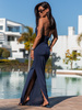 Maxi SUKIENKA z dekoltem halter i wycięciem na nogę granatowa X175 k01